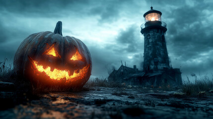 A haunted lighthouse with a ghostly keeper, a visible ghost ship, and a giant pumpkin lantern casting eerie light amidst a stormy sky.