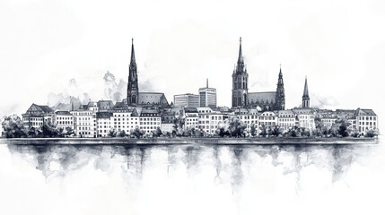Fototapeta premium Bonn, Germany, black and white pen pencil hand-drawn effect drawing illustration for travel poster, card, wallpaper, backdrop or banner. Modern, clear, artistic and simple