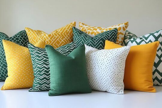 vibrant arrangement of geometric pillows in green yellow and zigzag patterns artfully composed on a crisp white background