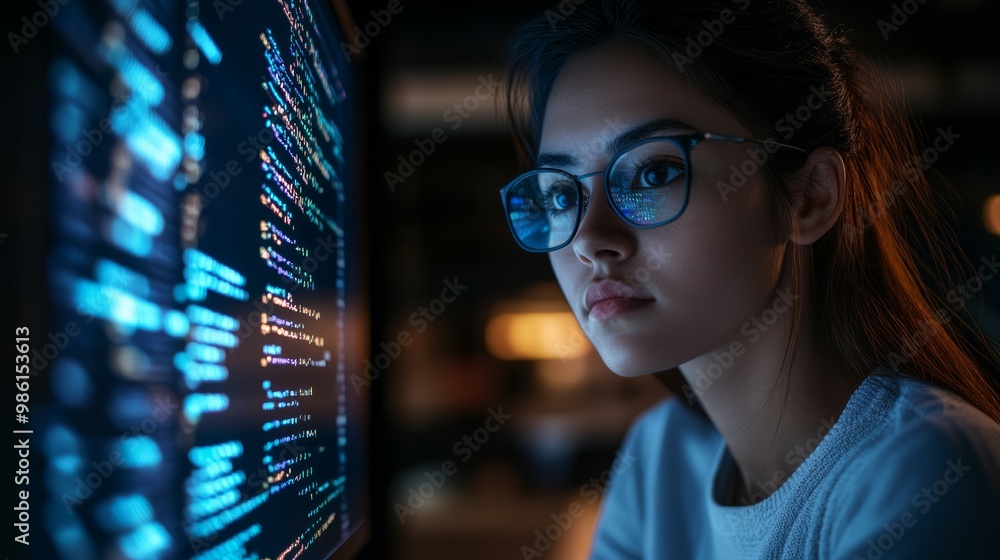 Aufkleber female coder working on a large monitor filled with lines of code. represents programming and coding