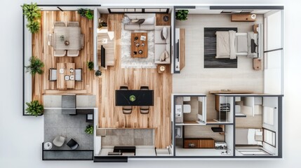 Top view of a modern apartment interior with a living room, dining room, kitchen, bedroom and balcony.