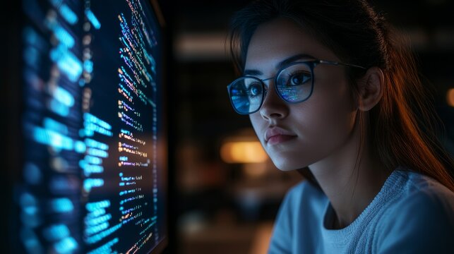 Female coder working on a large monitor filled with lines of code. Represents programming and coding.