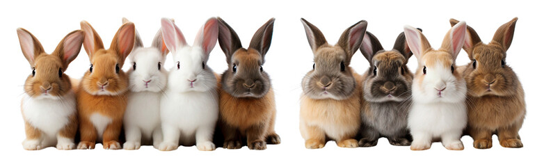 Obraz premium Group of fluffy rabbits siting together, isolated on white background