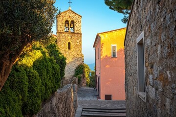 Fototapeta premium Weather-beaten stone cottage with rough-hewn timbers and sturdy design picture. Beautiful simple AI generated image