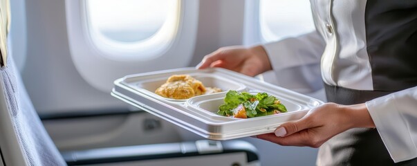 A flight attendant serves a meal on a plane, showcasing airline catering with a balanced dish in an aircraft cabin.