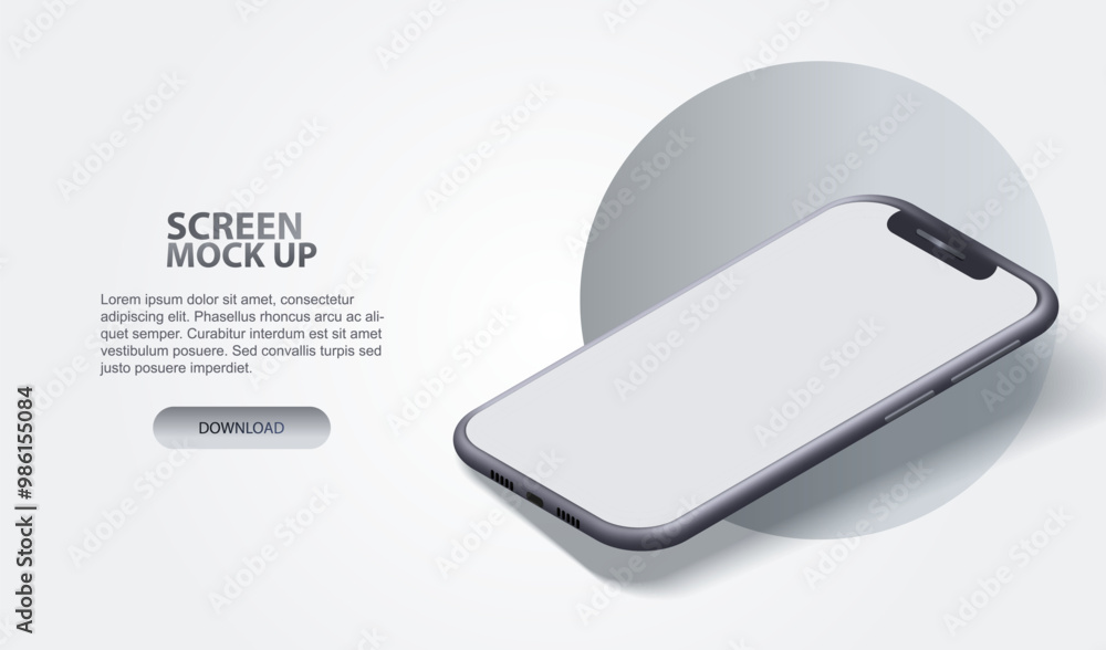 Poster mock up realistic 3d smartphone with white screen. phone isometric view mockup. cellphone mobile iso