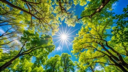 Fototapeta premium Vibrant image of a sunny day with clear blue skies and sunlight filtering through trees , sunshine, sunny, sunbeams