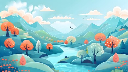 Soft Tones Mountain Landscape with Trees and Water – Vector
