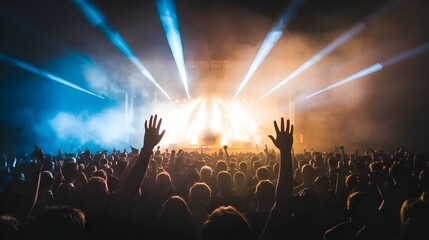 Obraz premium Crowd at a Music Concert with Stage Lights and Fog