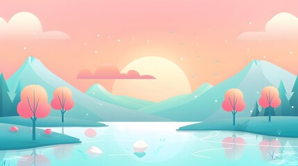 Calm Nature Scene with Mountains, Trees, and Clouds – Vector
