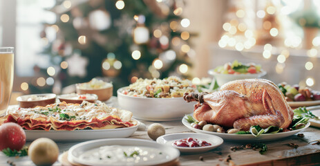 The classic Italian Christmas feast with a roasted chicken, lasagna, salads, and sparkling decorations on the festive table, Christmas feast concept.