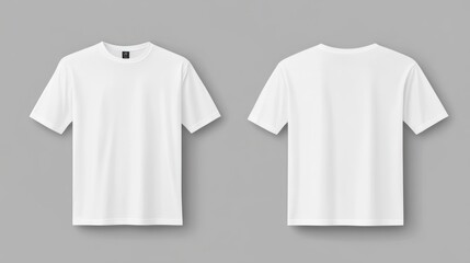 Plain white t-shirt mockup, front and back view, isolated on grey background.