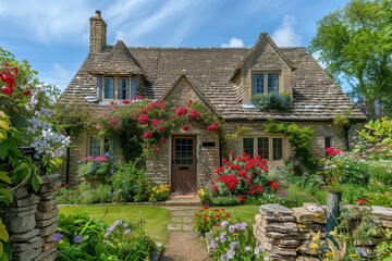 A charming country cottage with a stone exterior and a beautiful garden filled with blooming flowers. The house has a thatched roof and a welcoming front door.