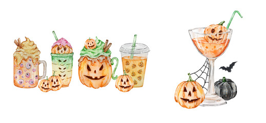 Watercolor Cute Halloween Drink set For Party Design