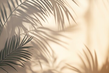 Tropical palm leaves casting beautiful shadows on a pastel-colored wall in the summer sun. Beautiful simple AI generated image