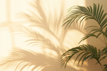 Blurred shadow from palm leaves on the light cream wall. Minimalistic beautiful summer-spring background for product presentation.. Beautiful simple AI generated image
