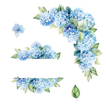 Frames with watercolor blue hydrangea set