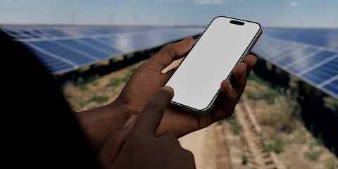 Black African-American male using smartphone with a blank white screen. Solar panels, renewable energy, blue sky apps mockup. Vertical phone orientation