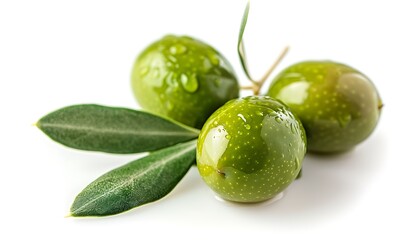 Obraz premium Green olives with leaves isolated on white background