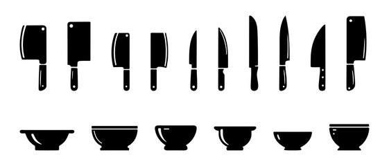 Kitchen knifes and small bowls silhouette black filled vector Illustration icon
