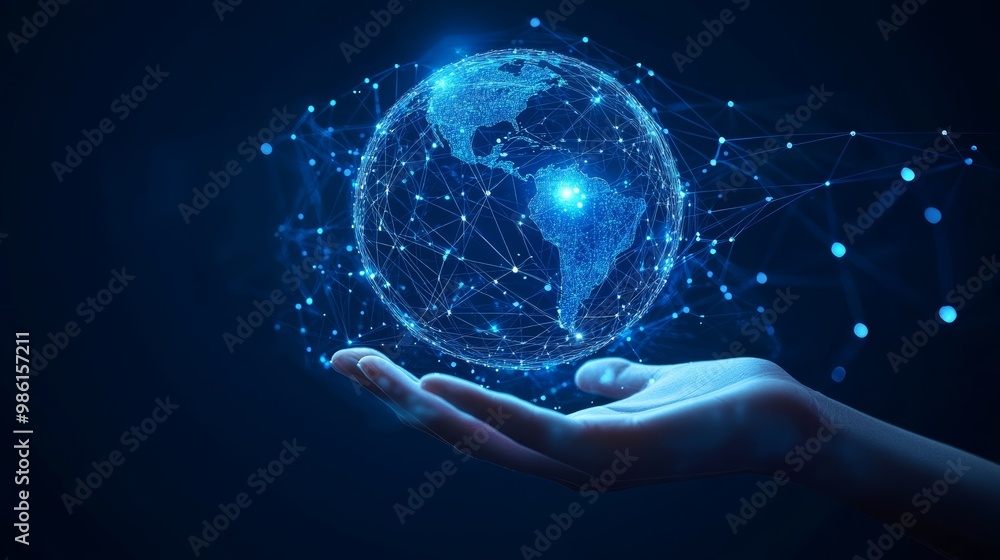Poster Human hands holding a digital globe with virtual data lines connecting across the world. Futuristic communication and global tech concept.