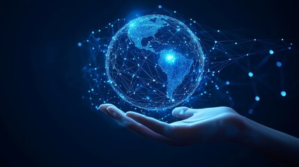 Human hands holding a digital globe with virtual data lines connecting across the world. Futuristic communication and global tech concept.