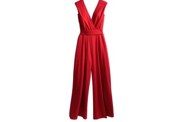 A bold and confident red jumpsuit with a tailored fit, showcasing a plunging neckline, wide-leg trousers, and a cinched waist
