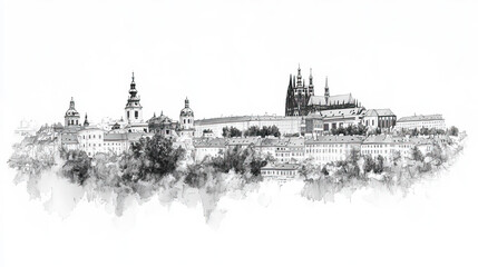 Brno, Czech, black and white pen pencil hand-drawn effect drawing illustration for travel poster, card, wallpaper, backdrop or banner. Modern, clear, artistic and simple