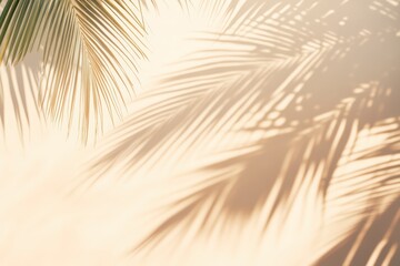 Tropical palm leaves casting beautiful shadows on a pastel-colored wall in the summer sun. Beautiful simple AI generated image