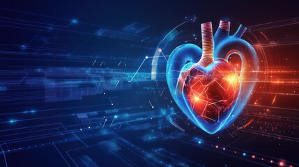 Obraz premium Digital representation of a human heart with glowing lines and abstract geometric shapes in the background.