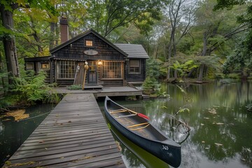 Obraz premium A charming lakeside cabin with a wooden deck and a canoe tied to the dock. The house is surrounded by trees and has a peaceful, serene atmosphere.