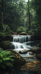 Obraz premium Serene Waterfall Lush Dense Forest. Cascading Over Rocks Nature. Moss Covered Stones. Silky Water Flow. Long-exposure