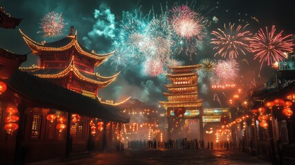 Fototapeta premium Fireworks and Festivities Photograph of Chinese new year fireworks celebrations on the chinese temple background