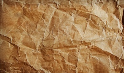Close-up of wrinkled brown paper texture. Rustic and recycled material concept for eco-friendly design and packaging.