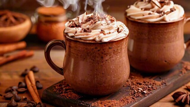 Mexican Champurrado. Corn Chocolate Hot Drink with Cinnamon. Traditional Coffee in Ceramic Mug. Festive Dessert Beverage, steaming mocha coffee
