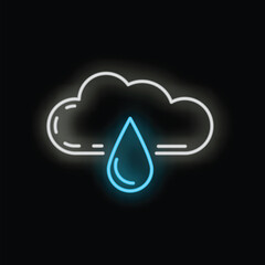 Blue and white neon sign of a cloud dropping rain against a black background