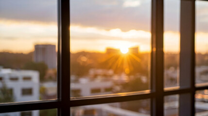 Blurred bokeh of a sunrise breaking through the window of a tech startup office