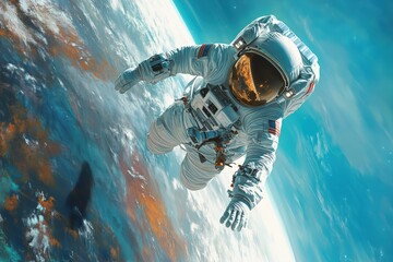 Retro Cartoon Astronaut Floating in Space - Illustration with Bright Colors and Simple Lines. Beautiful simple AI generated image