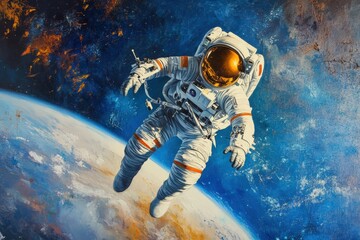 Fototapeta premium astronaut floating in outer space nebula galaxy stars background animation -- 4k new stock video footage . Beautiful simple AI generated image