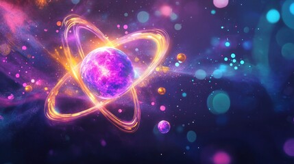 Obraz premium A purple planet with glowing rings in a starry nebula.