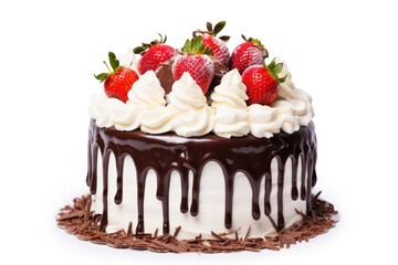 A celebratory birthday cake embellished with glistening strawberries, luscious chocolate drizzles, and dollops of whipped cream