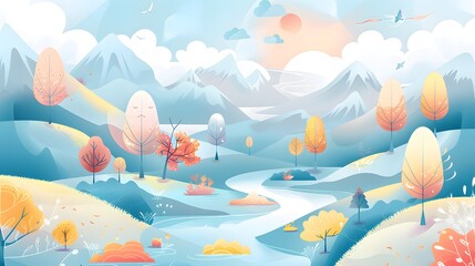 Calm Nature Scene with Trees, River, and Clouds – Vector
