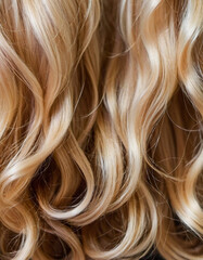 Fototapeta premium Soft, luminous curls frame the face, highlighting the vibrant and healthy texture of the blond hair. The close-up captures the intricate details beautifully. Care cosmetics. Generative AI