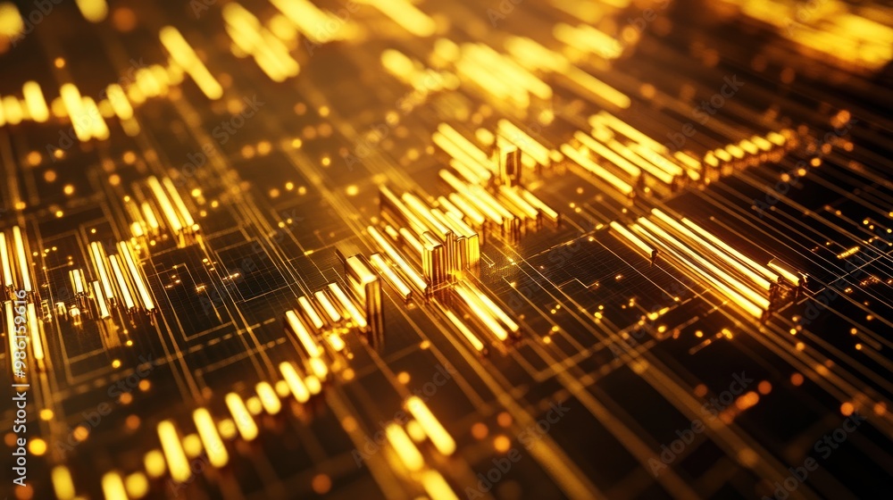 Wall mural abstract glowing lines and grid pattern in warm gold hues, creating a futuristic digital background.