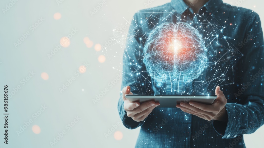 Aufkleber Hands holding a tablet displaying a digital brain with neural connections. Represents AI, data science, and machine learning.