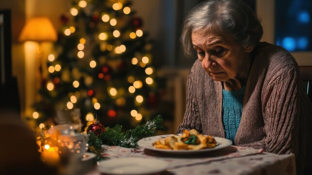 Sad senior woman having dinner alone at home on Christmas Eve night - Powered by Adobe