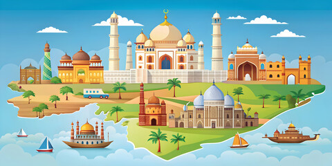 Illustrated map showcasing India's iconic landmarks , India, famous, landmarks, illustrated, map