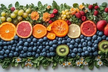 vibrant collage of fresh fruits and vegetables artfully arranged on a clean white background a cornucopia of colors textures and shapes showcasing natures bounty and healthy eating
