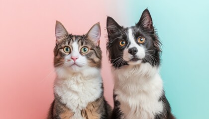 Dog and Cat Sitting Together on Colorful Background
