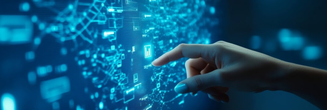 Finger pointing at a glowing digital screen with complex technological patterns. Advanced interface concept for programming and software development. - Powered by Adobe